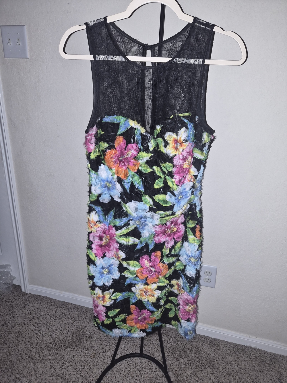 Aidan Mattox Black Lace Mini Dress with Multicolor Floral Appliqué